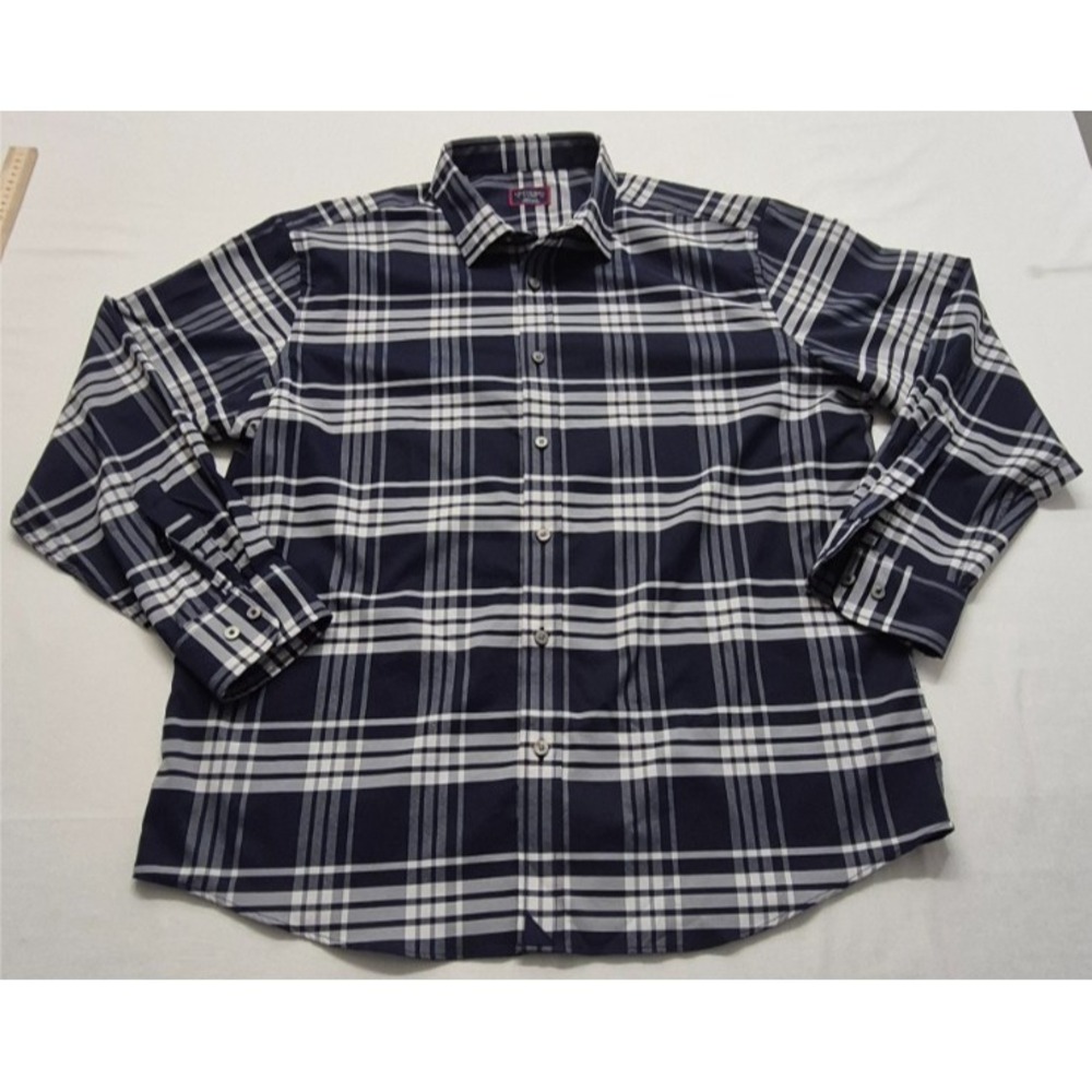 Untuckit Delucca style men's blue/white plaid long sleeve button‎ up Shirt XL